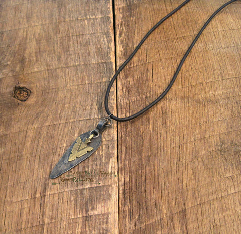 Mens Antique Bronze Arrowhead Black Leather Necklace