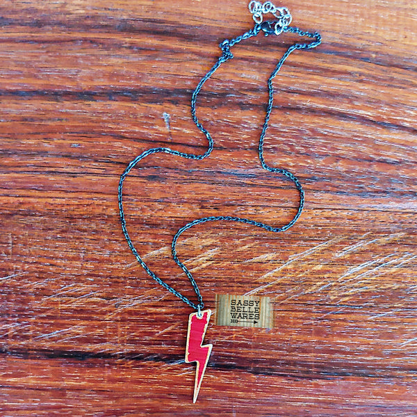 Lightning Bolt Repurposed Cymbal Necklace - Red