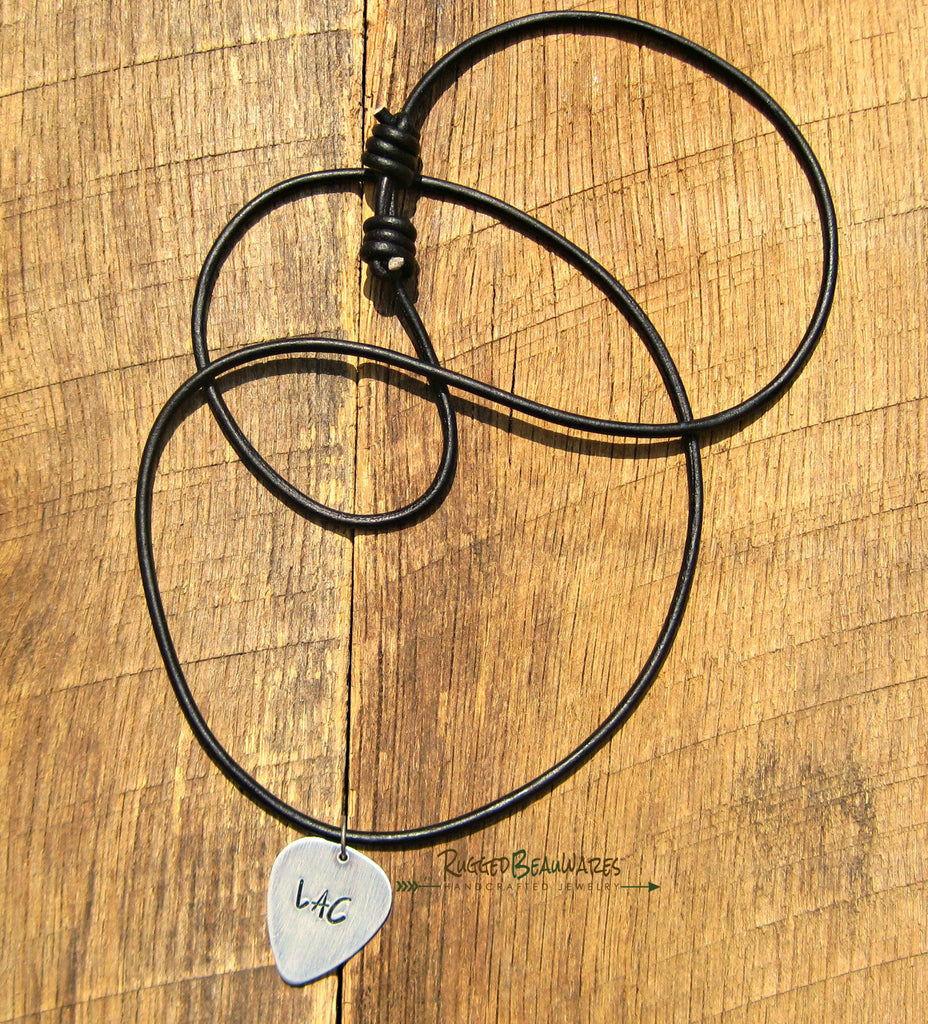 Mens Guitar Pick Black Leather Necklace Personalized with Initials