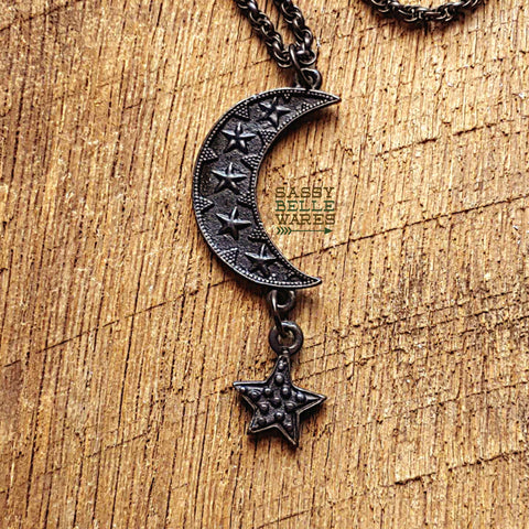 Crescent Moon and Star Choker Necklace in Rustic Black