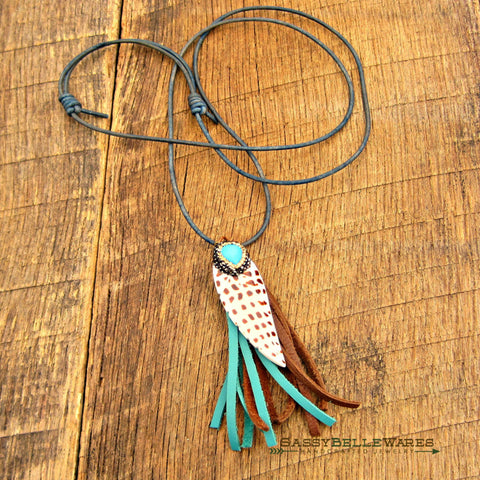 Feather and Tassel Leather Necklace