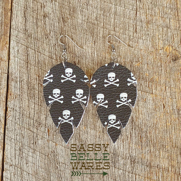 Leather Leaf Earrings Skulls and Crossbones Black and White
