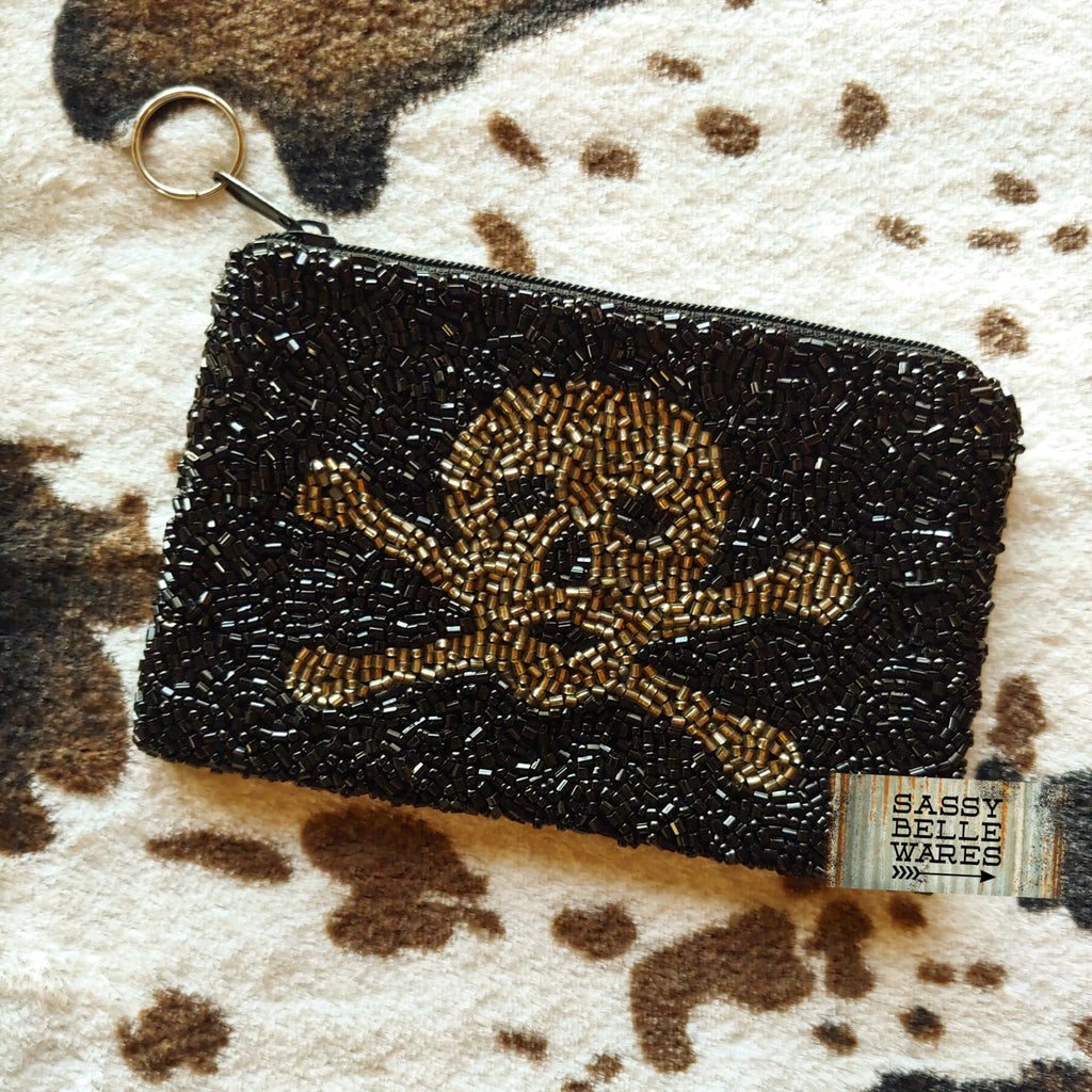 Skull and Crossbones Beaded Mini Clutch Coin Purse - Black and Pewter