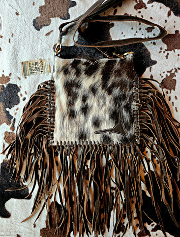 Cowhide & Leather Fringe Crossbody Bag with Bull