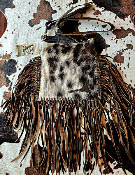 Cowhide & Leather Fringe Crossbody Bag with Bull