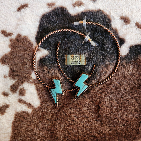 Twisted Hoop Lightning Bolt Earrings - Turquoise and Copper