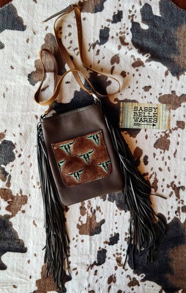 Leather Fringe Bag - Brown and Turquoise Steer Skulls - Brown Fringe