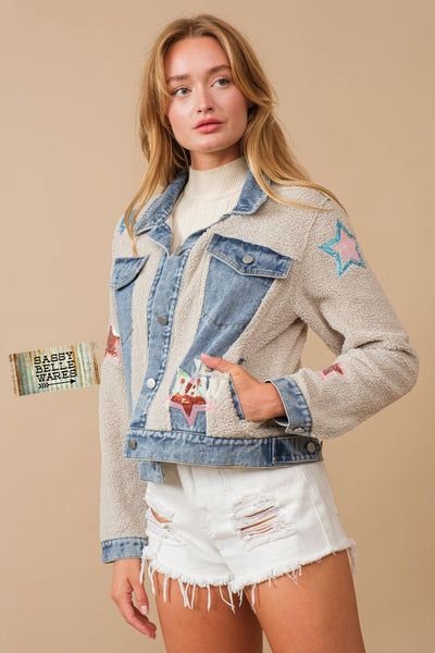 Teddy Denim Sequin Star Yee Haw Jacket