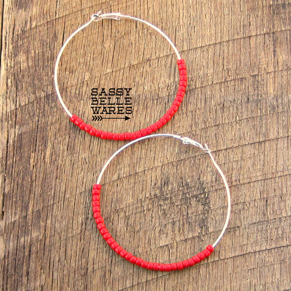 Large Beaded Hoop Earrings 2.75" Diameter Silver Hoops Red Beads