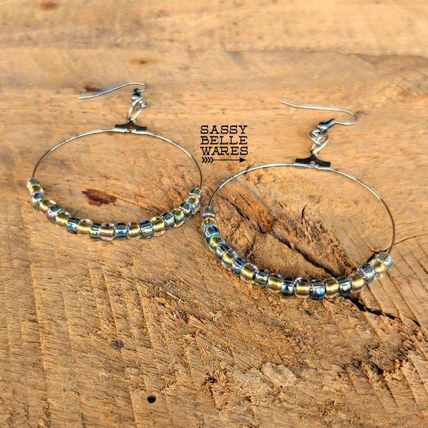 Beaded Hoop Earrings 1.75" Diameter Silver Hoops Crystal Gold and Black Diamond Rainbow Beads