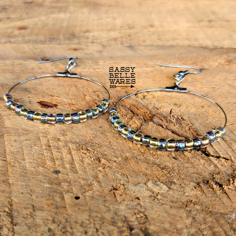 Beaded Hoop Earrings 1.75" Diameter Silver Hoops Crystal Gold and Black Diamond Rainbow Beads