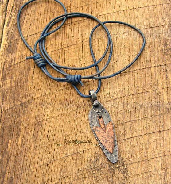 Mens Antique Copper Arrowhead and Dot Leather Necklace