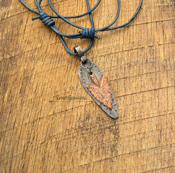 Mens Antique Copper Arrowhead and Dot Leather Necklace