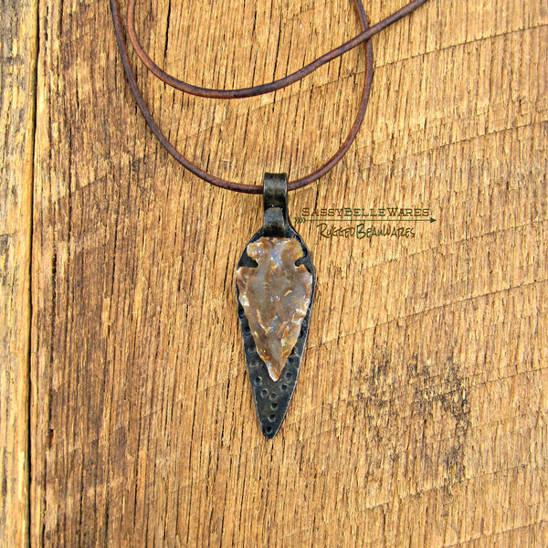 As Seen on Caeland Garner on The Voice Stone Arrowhead and Forged Steel Leather Necklace