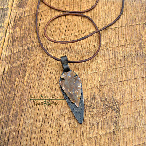 As Seen on Caeland Garner on The Voice Stone Arrowhead and Forged Steel Leather Necklace