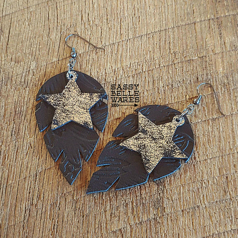 Leather Leaf Earrings Black Textured with Black & Silver Stars