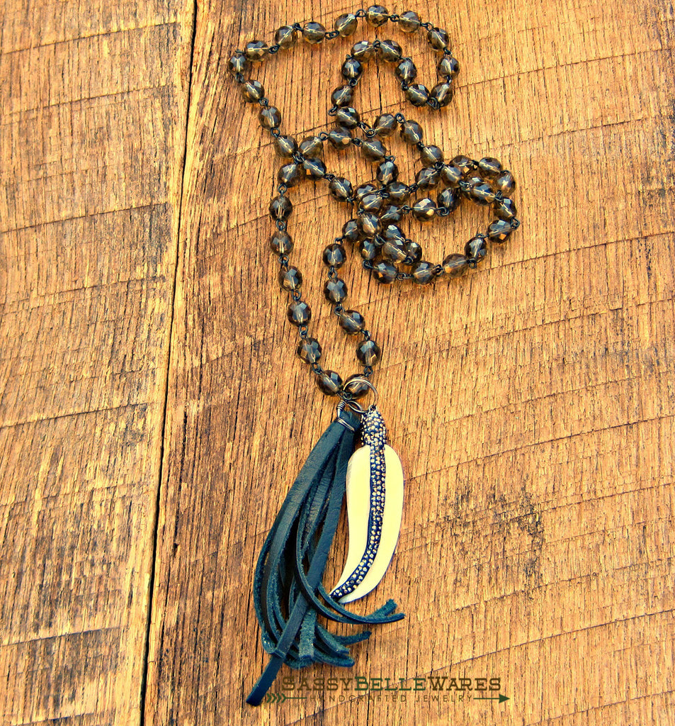 Feather with Pave Crystals and Leather Tassel Necklace