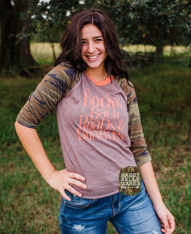 Boots Backroads and Bonfires Tee - 3/4 Sleeves