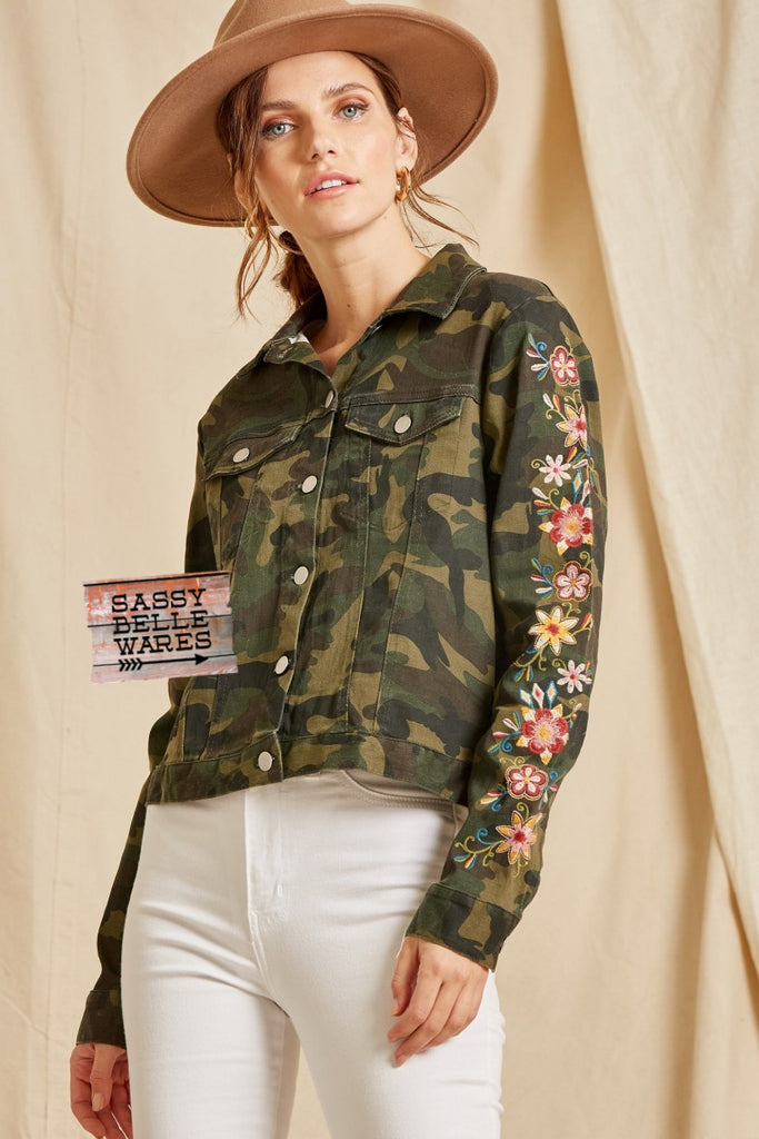 Camo and Wild Floral Cropped Jacket with Patches and Pins XS
