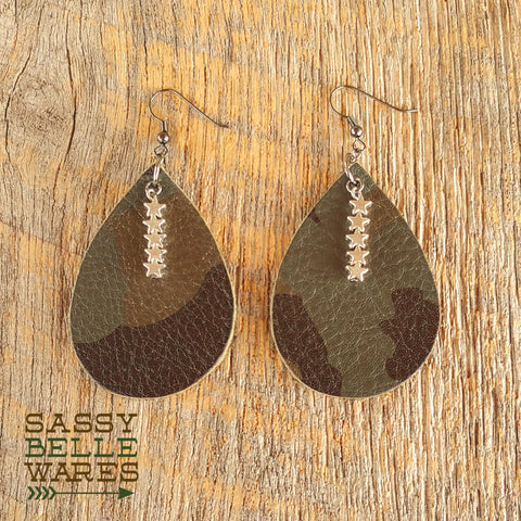 Leather Teardrop Earrings Dark Camo with Stars