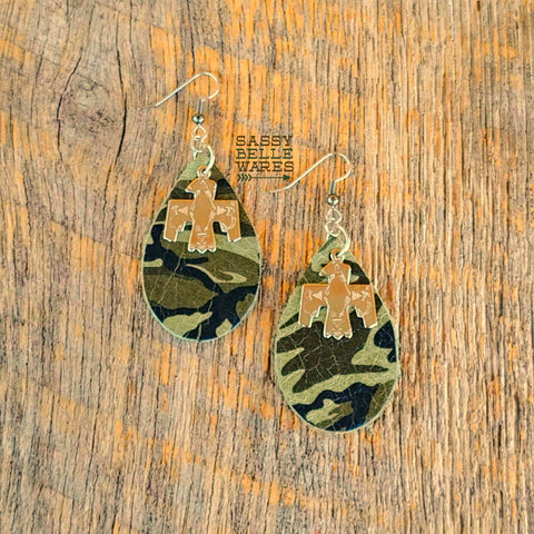 Leather Teardrop Earrings Light Camo with Thunderbirds