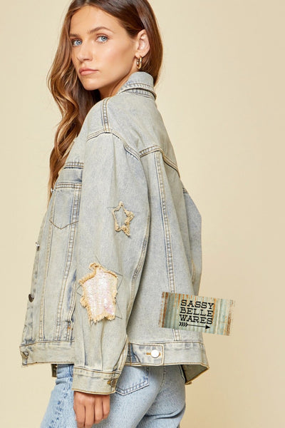 Denim Jacket with Sequin Star Patch Sleeves