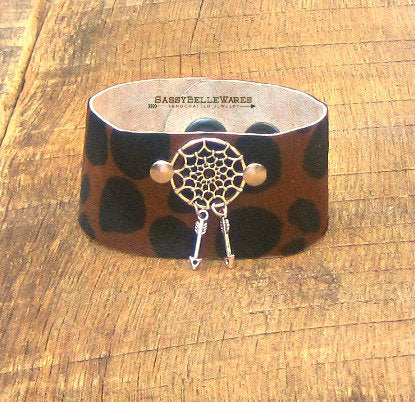 Dreamcatcher and Arrow Animal Print Leather Cuff Bracelet