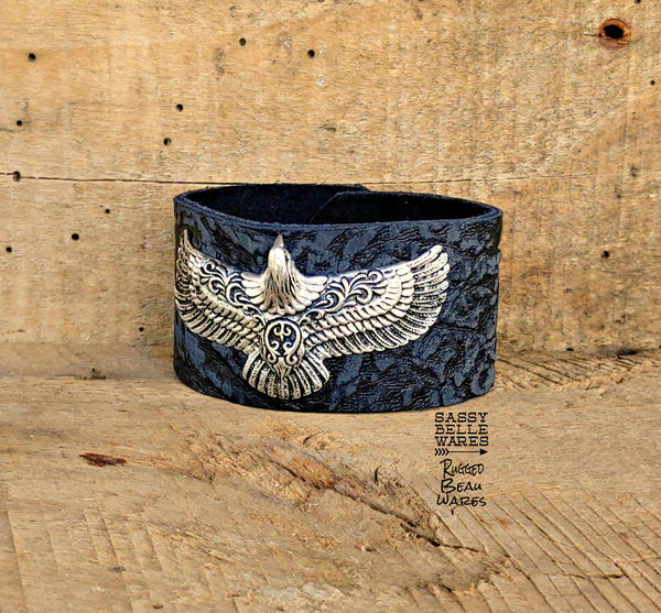 Eagle Black Leather Cuff Bracelet