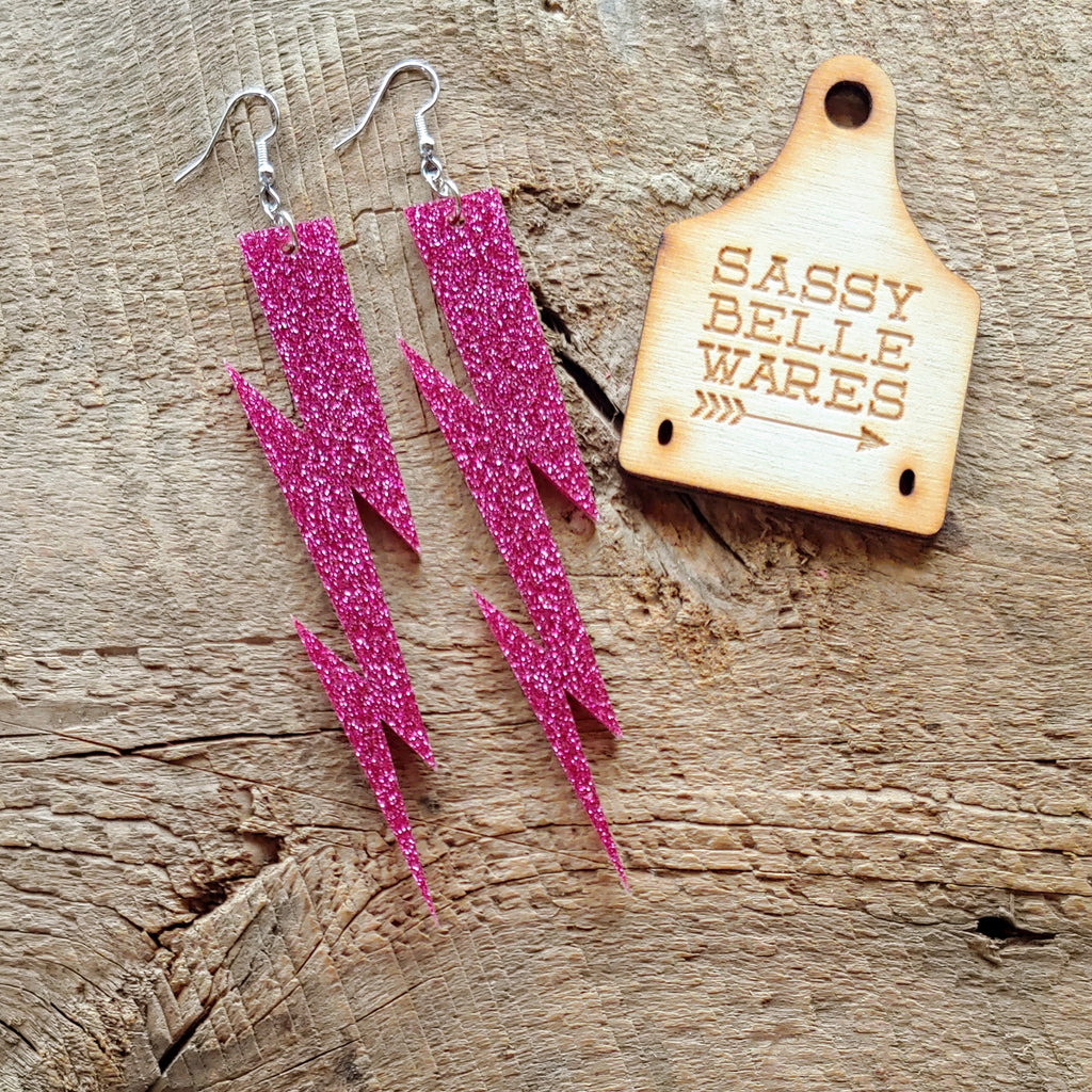 Lightning Bolt Earrings Pink Sparkle – SassyBelleWares