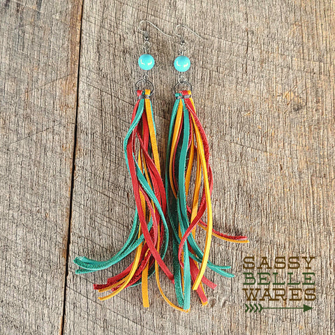 Leather Tassel and Swarovski Pearl Earrings - Turquoise Red Yellow