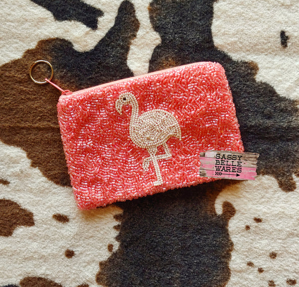 Flamingo Beaded Mini Clutch Coin Purse