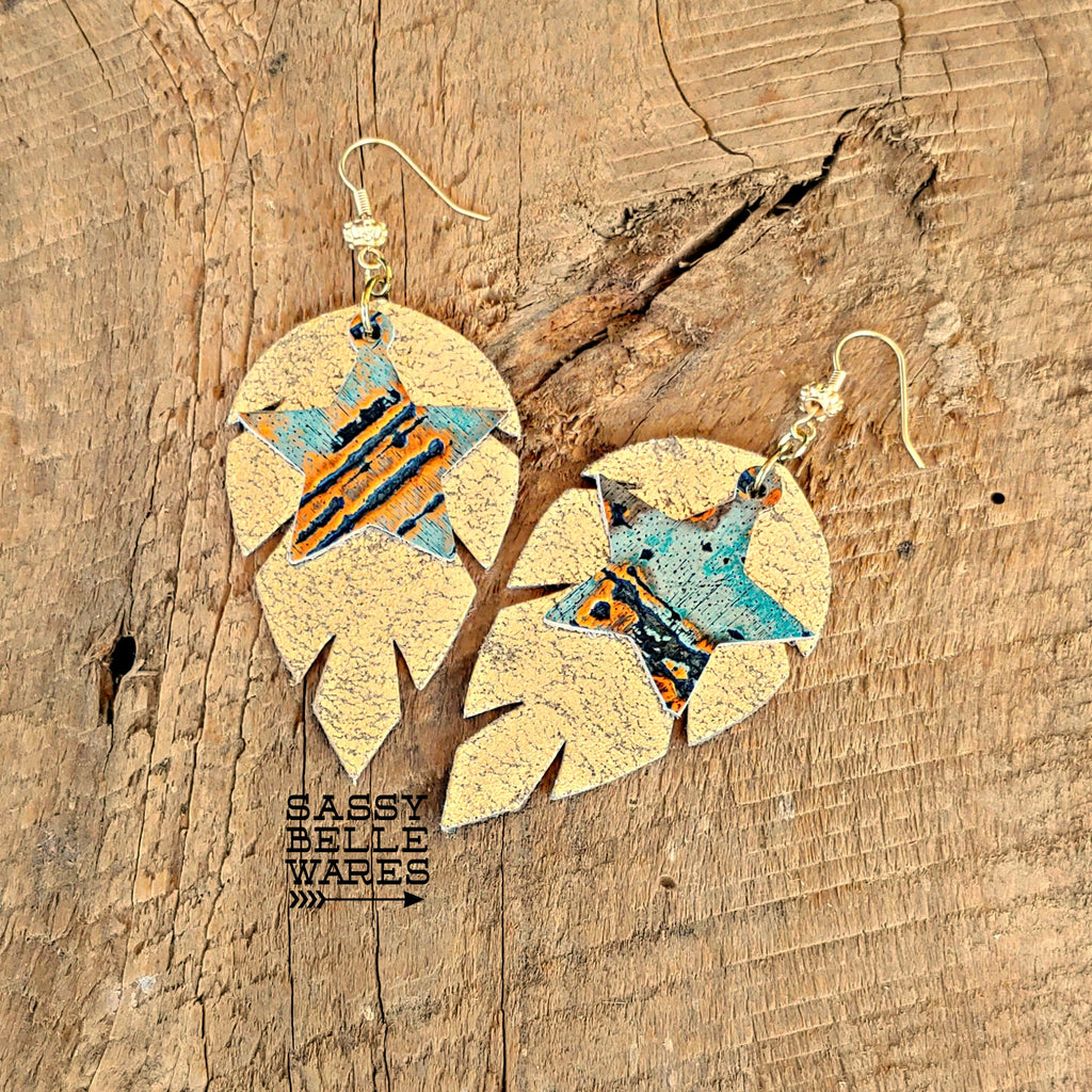 Leather Leaf Earrings Gold Crackle with Turquoise & Gold Stars
