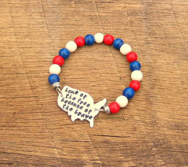 Home of the Free Because of the Brave Wood Bead Bracelet