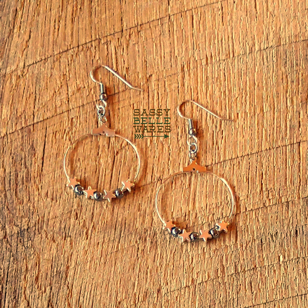 Stars and Beads Earrings - Small Hoop 1.25" Diameter Silver Stars Gunmetal Beads