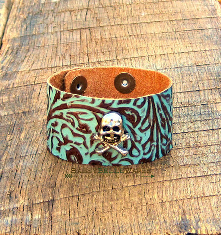 Skull and Crossbones Turquoise and Brown Leather Cuff Bracelet