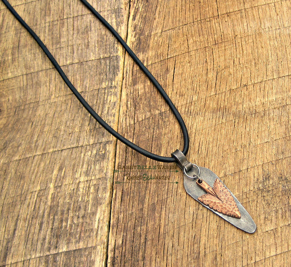 Mens Antique Copper Arrowhead Black Leather Necklace