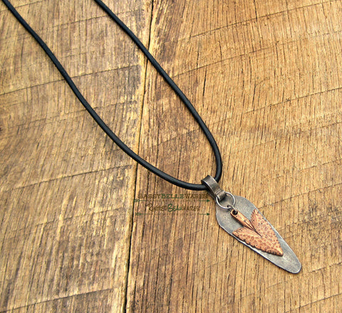 Mens Antique Copper Arrowhead Black Leather Necklace