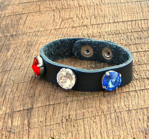 Red White and Blue Swarovski Crystal Black Leather Bracelet thin band