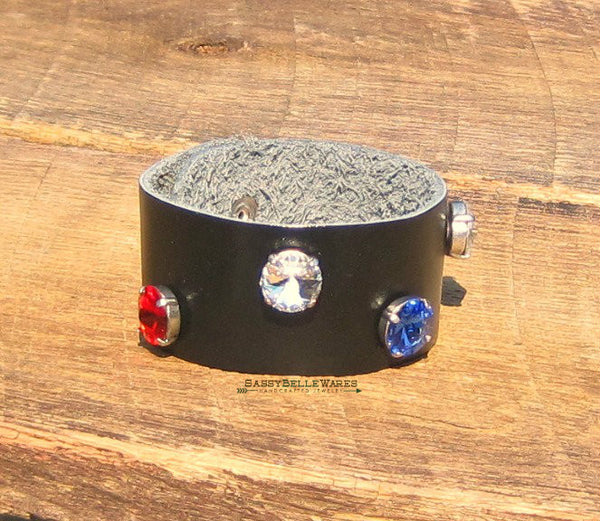 Red White and Blue Swarovski Crystal Black Leather Bracelet