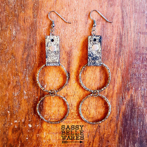 Double Hoops Earrings Gunmetal with Black and Silver Crackle Leather