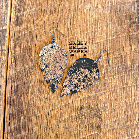 Leather Leaf Earrings Black and Silver Crackle