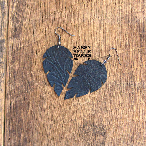 Leather Leaf Earrings Black Textured