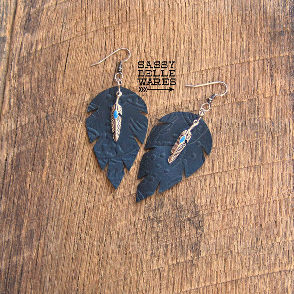 Leather Leaf Earrings Black Textured with Silver and Turquoise Feather