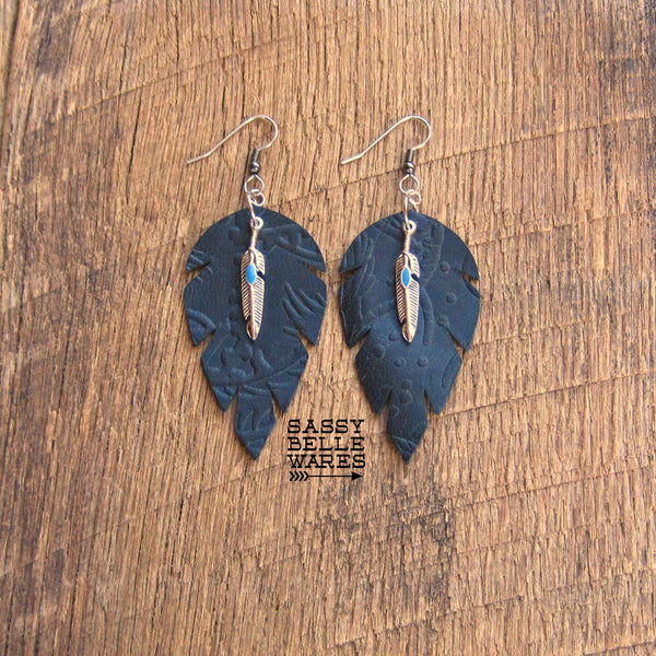 Leather Leaf Earrings Black Textured with Silver and Turquoise Feather