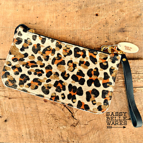 Leather Wristlet - Leopard Print and Gold