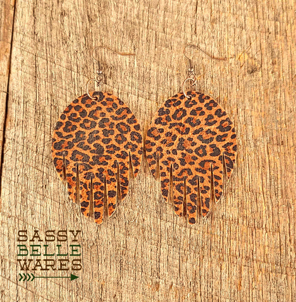 Leather Fringed Earrings Leopard Print