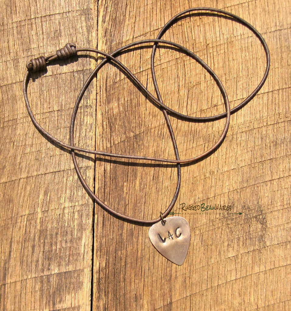 Mens Guitar Pick Brown Leather Necklace Personalized with Initials