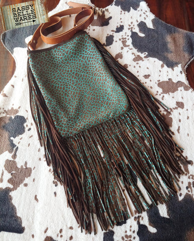 Leather Fringe Bag - Brown and Turquoise Alligator Pattern