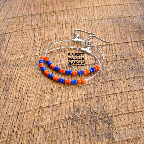 Beaded Hoop Earrings 1.75" Diameter Silver Hoops Orange and Blue Beads