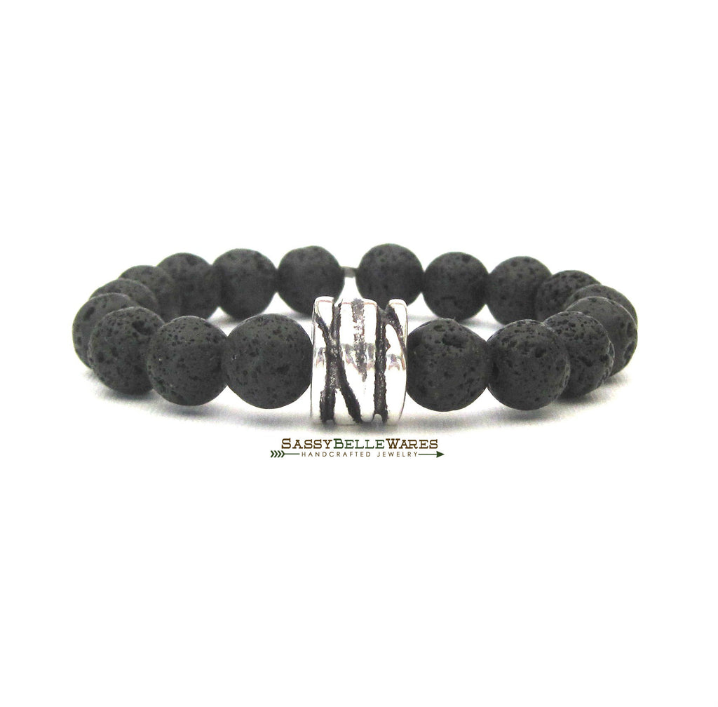 As Seen on Parenthood Black Lava Rock and Antique Silver Greek Ceramic Bead Bracelet